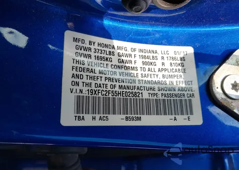 2017 Honda Civic Lx z USA, uszkodzony, nr VIN 19XFC2F55HE025821